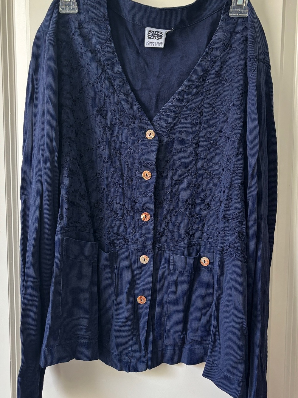 Johnny Was Navy Textured V-Neck Top